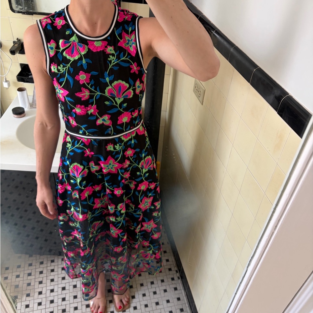 Cynthia Rowley Floral Embroidered Black Maxi Dress Gownwith Pink & Green Accents